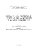 Copertina  Guida a una descrizione uniforme dei manoscritti e al loro censimento